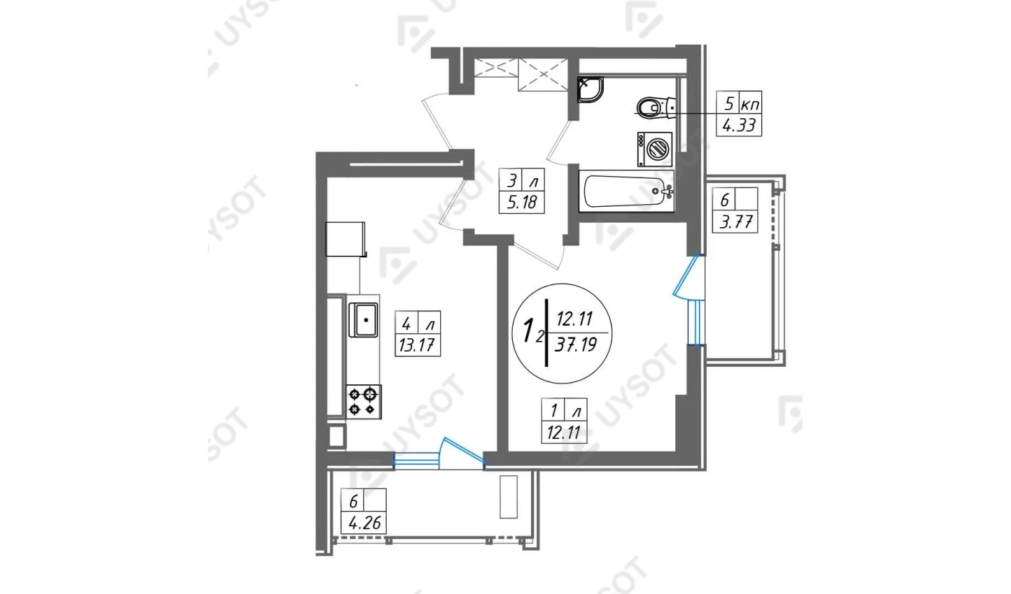 1-комнатная квартира 37.19 м²  14/14 этаж