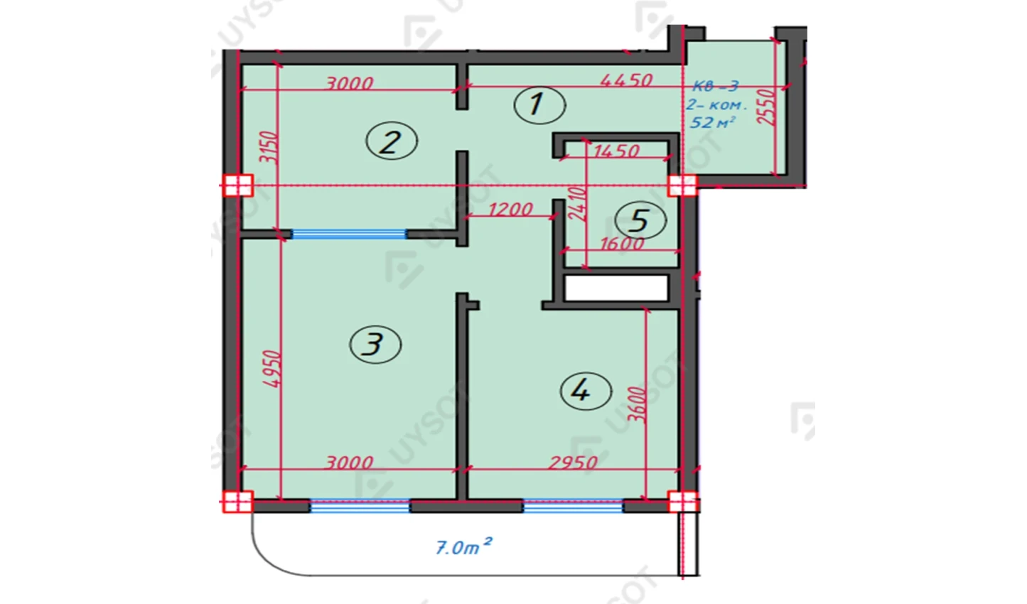 2-комнатная квартира 52 м²  14/14 этаж