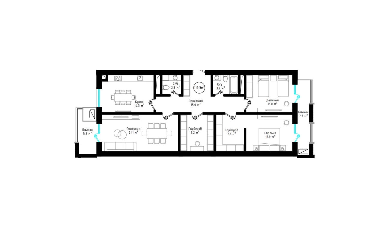 3-xonali xonadon 112.3 m²  8/8 qavat