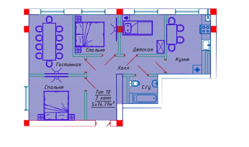 4-xonali xonadon 74.77 m²  7/7 qavat