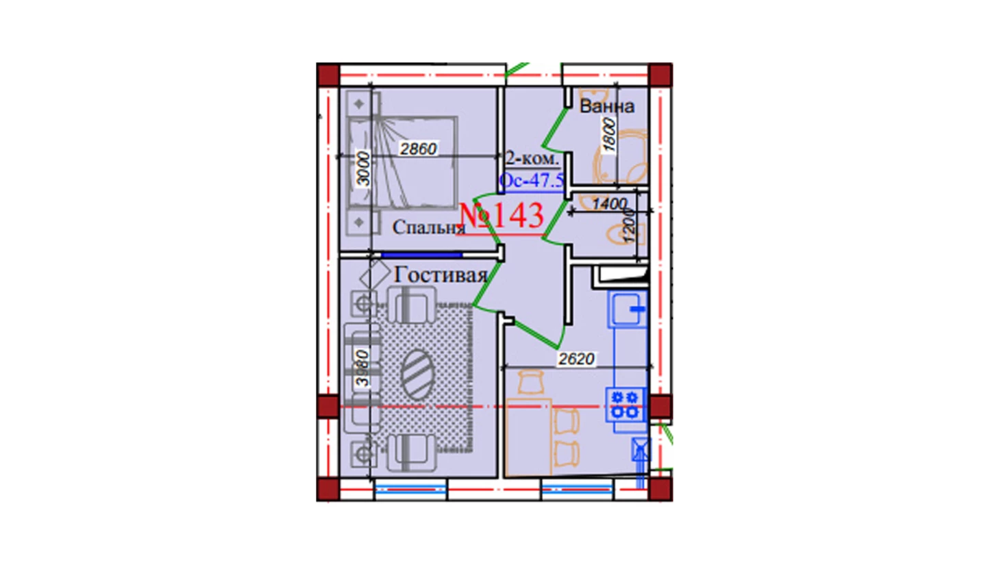 2-xonali xonadon 47.5 m²  8/8 qavat