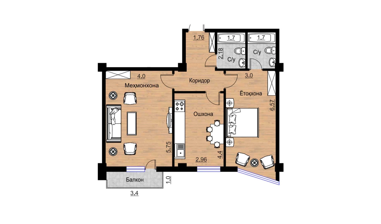 2-комнатная квартира 79.45 м²  4/4 этаж