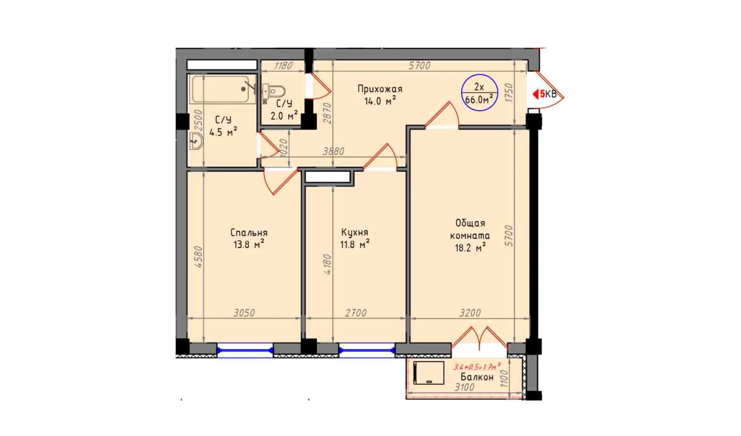 2-комнатная квартира 66 м²  3/3 этаж