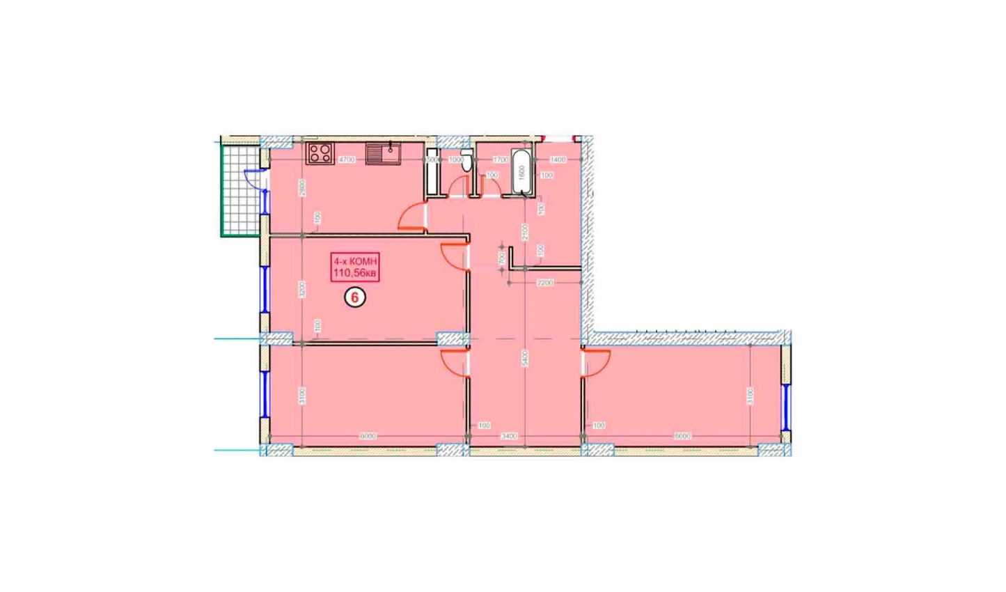 4-комнатная квартира 110.56 м²  6/6 этаж