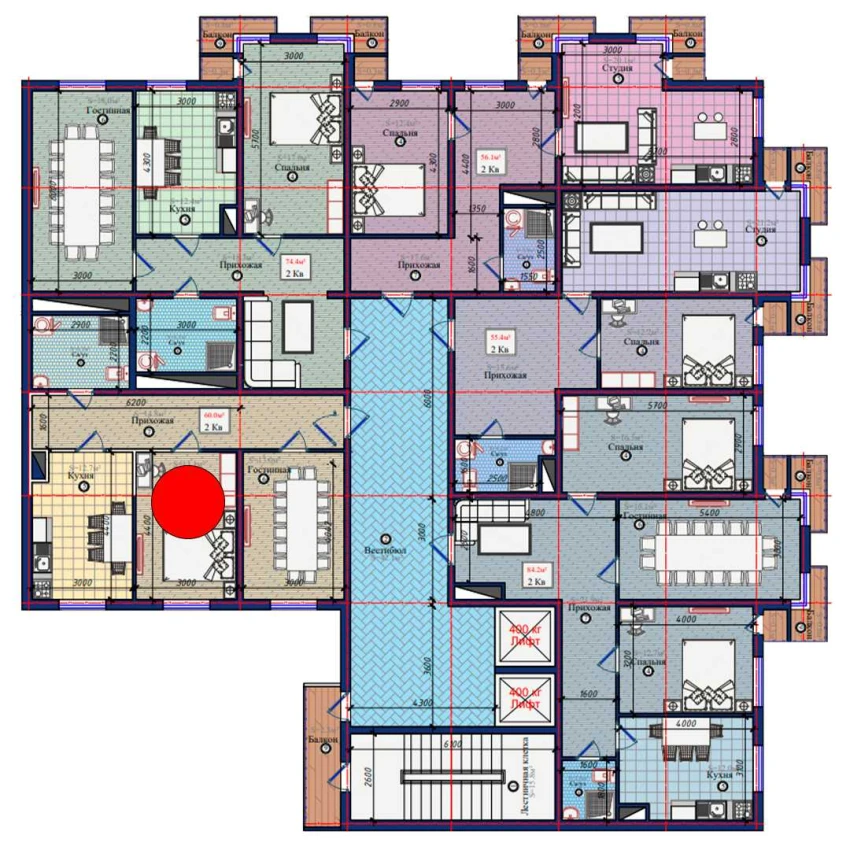 2-комнатная квартира 60 м²  6/6 этаж