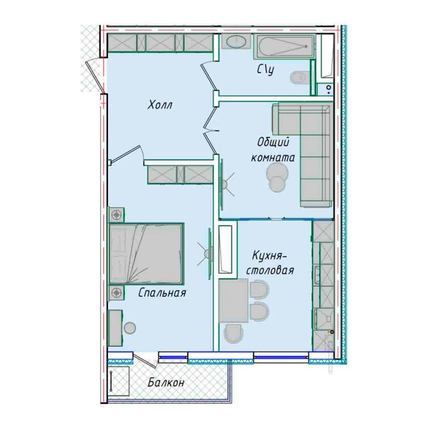 2-xonali xonadon 50.7 m²  15/15 qavat