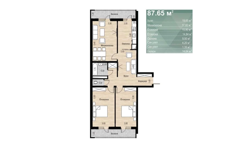 3-комнатная квартира 87.65 м²  4/16 этаж | Жилой комплекс SOKIN DIYOR