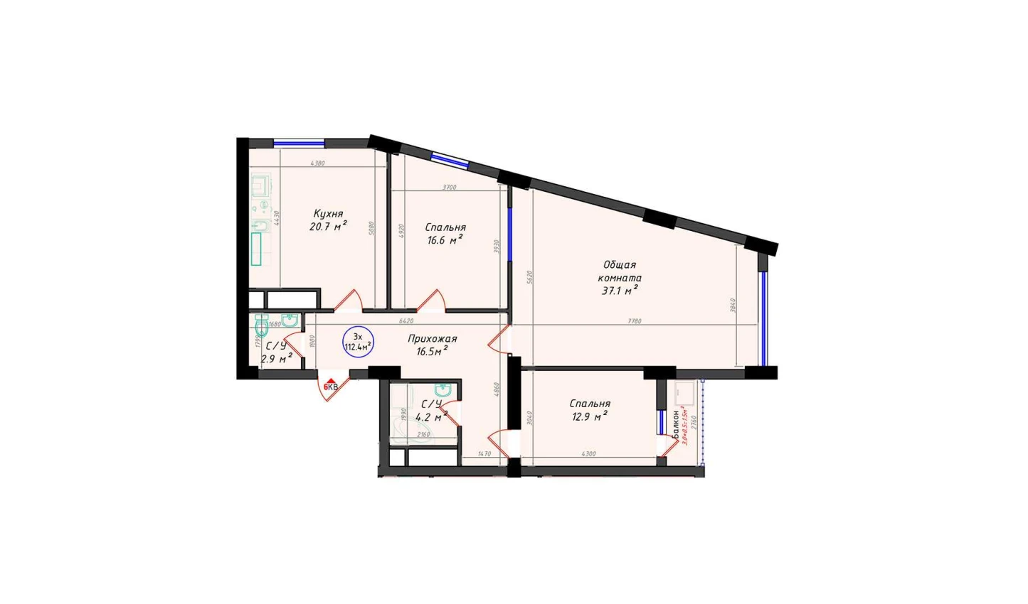 3-xonali xonadon 112.4 m²  15/15 qavat