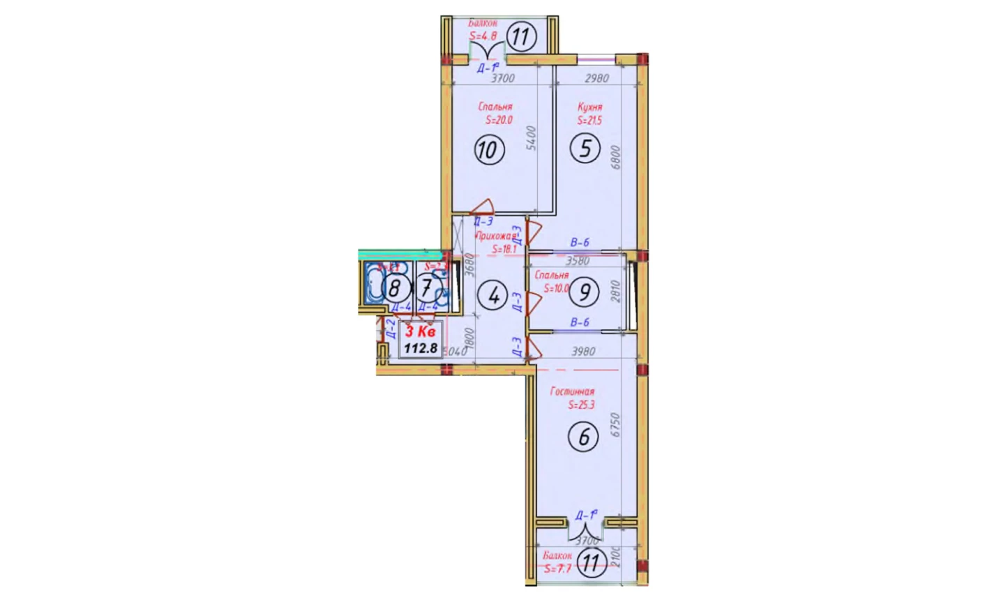 3-комнатная квартира 112.8 м²  7/7 этаж