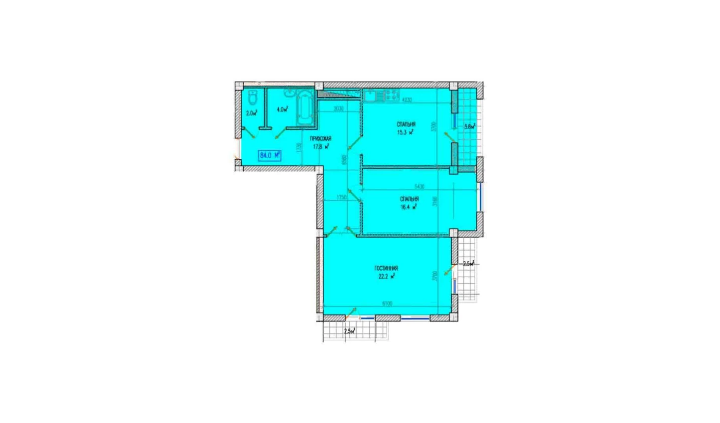 3-комнатная квартира 86.5 м²  7/7 этаж