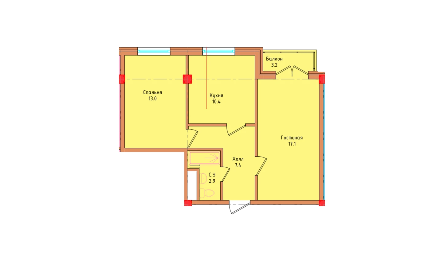 2-комнатная квартира 51.87 м²  7/7 этаж