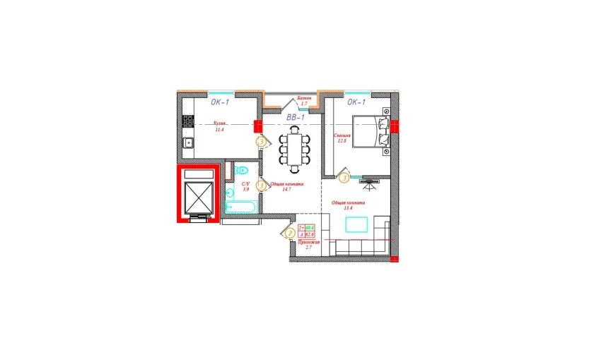 2-комнатная квартира 62.6 м²  10/12 этаж | Жилой комплекс CHINARA PARK