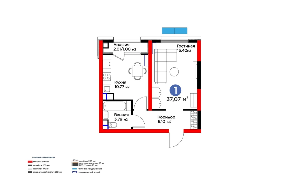 1-комнатная квартира 37.07 м²  3/3 этаж