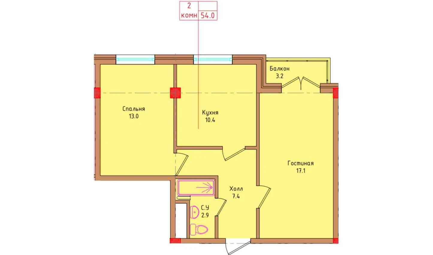 2-комнатная квартира 51.87 м²  6/6 этаж