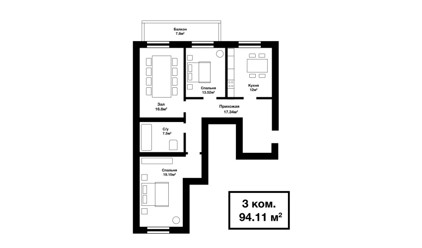 3-xonali xonadon 88.91 m²  4/4 qavat | SABZAVOT CITY Turar-joy majmuasi