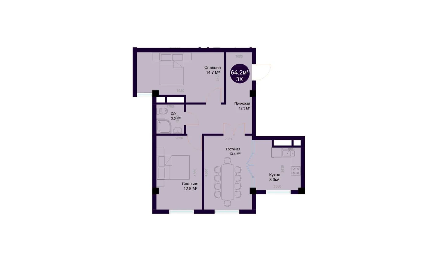 3-комнатная квартира 64.2 м²  7/7 этаж