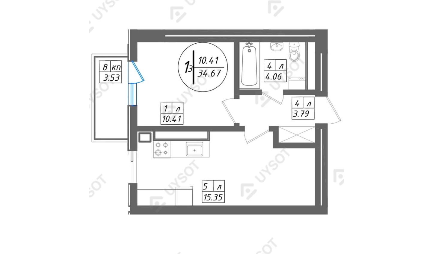 1-комнатная квартира 34.67 м²  3/3 этаж