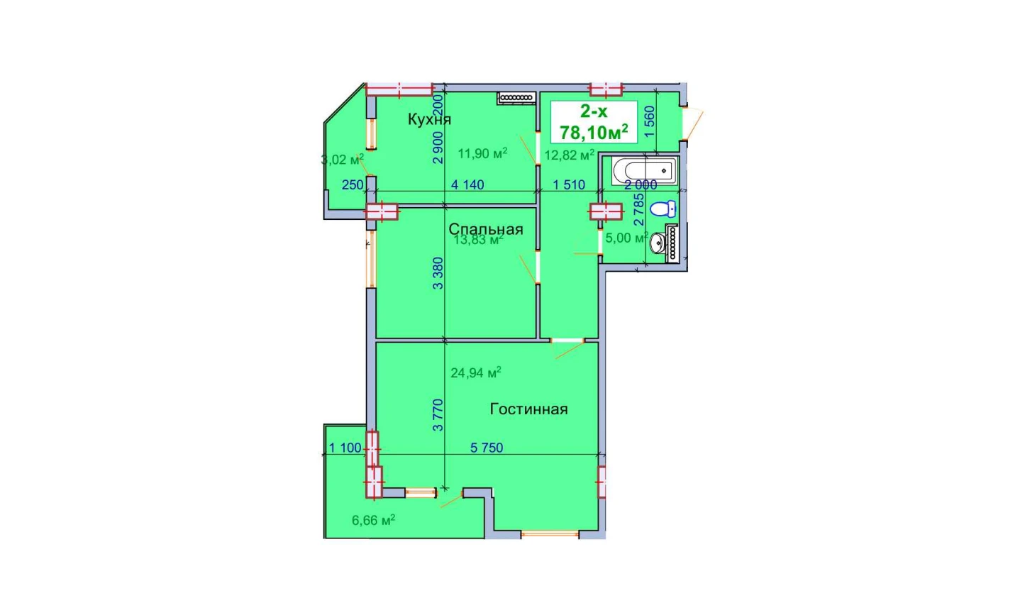 2-комнатная квартира 78.1 м²  9/9 этаж