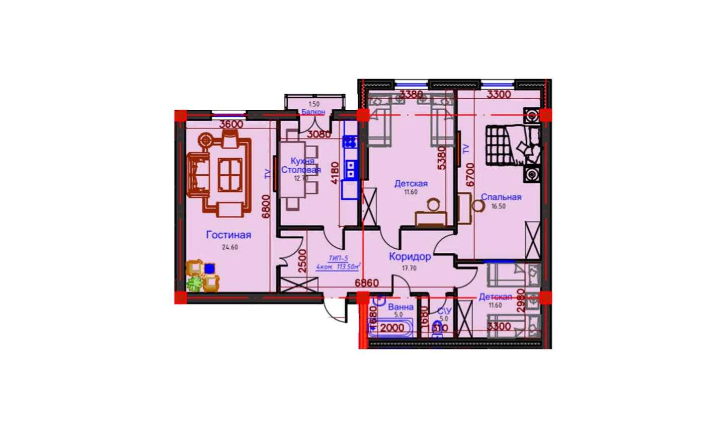 4-комнатная квартира 113.5 м²  6/6 этаж