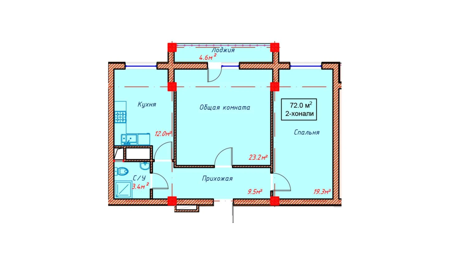 2-xonali xonadon 72 m²  4/4 qavat