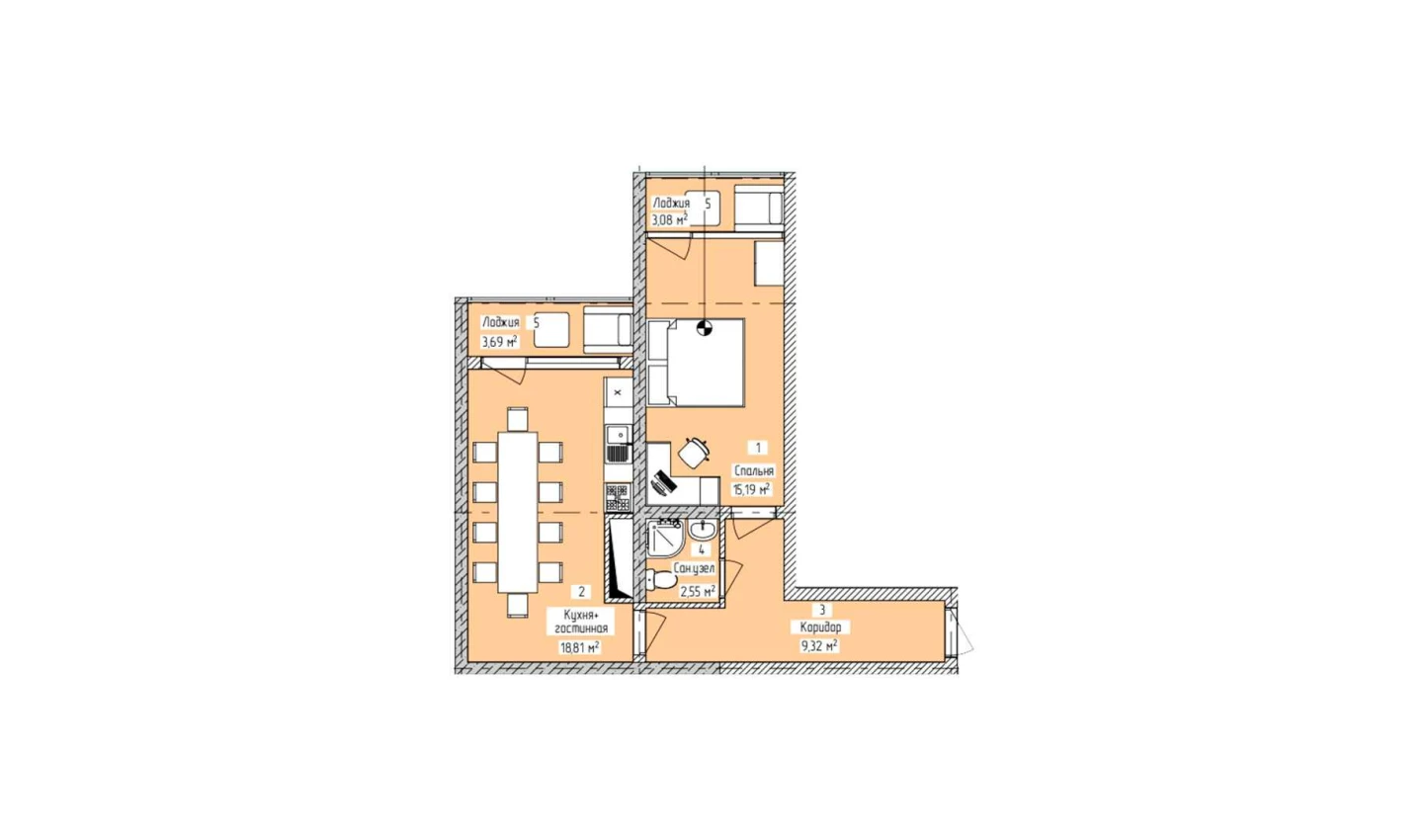 2-комнатная квартира 52.82 м²  6/6 этаж