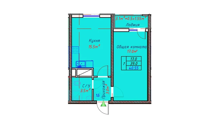 1-комнатная квартира 40.55 м²  3/16 этаж | Жилой комплекс TRINITY