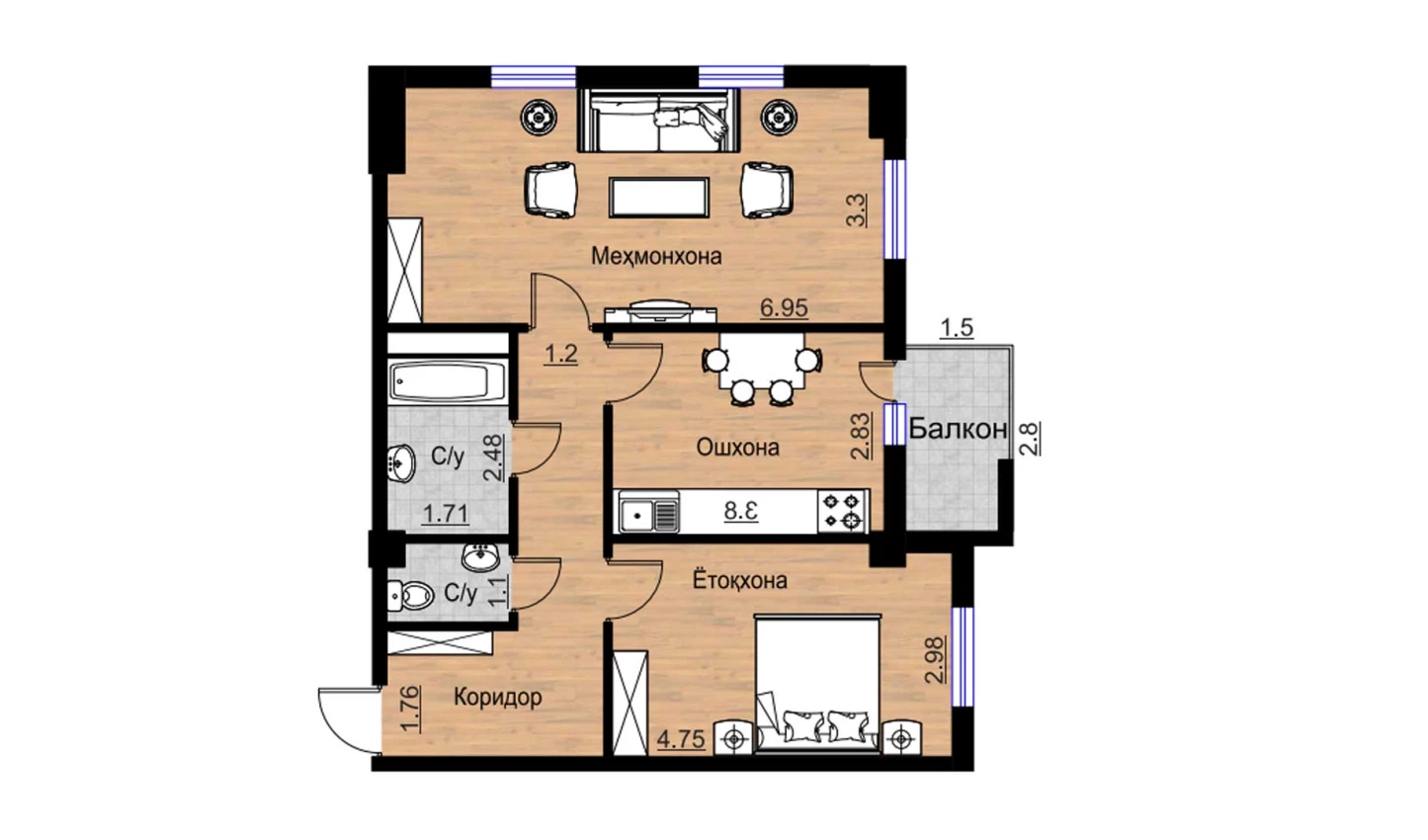 2-комнатная квартира 74.75 м²  7/7 этаж