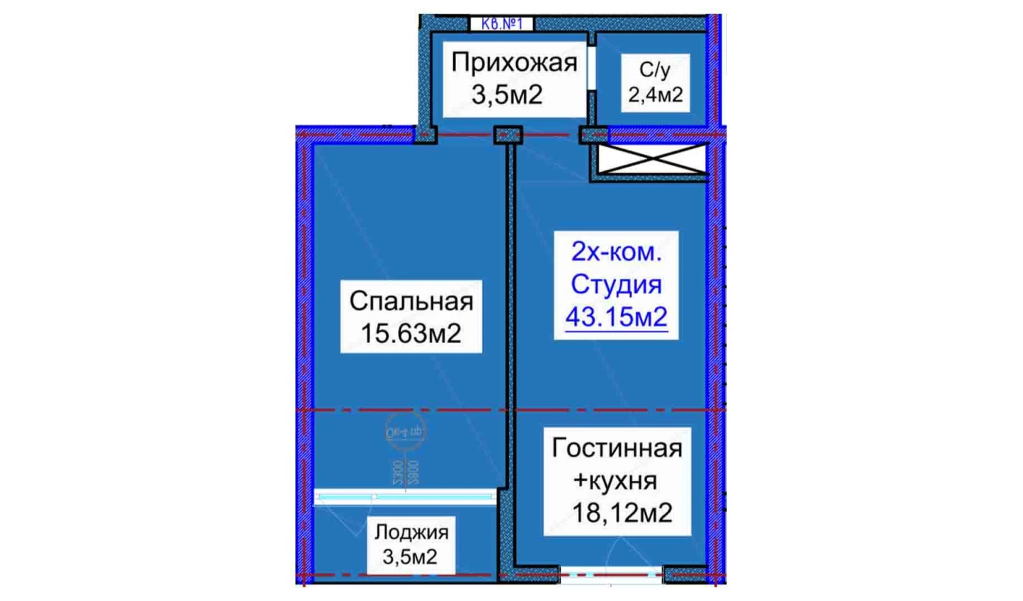 2-xonali xonadon 43.15 m²  16/16 qavat