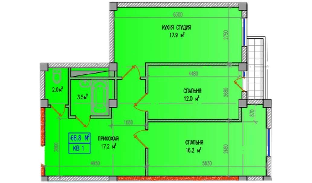 3-xonali xonadon 68.8 m²  6/6 qavat