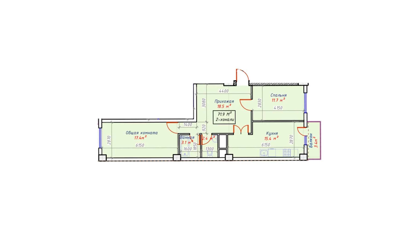 2-xonali xonadon 71.9 m²  16/16 qavat