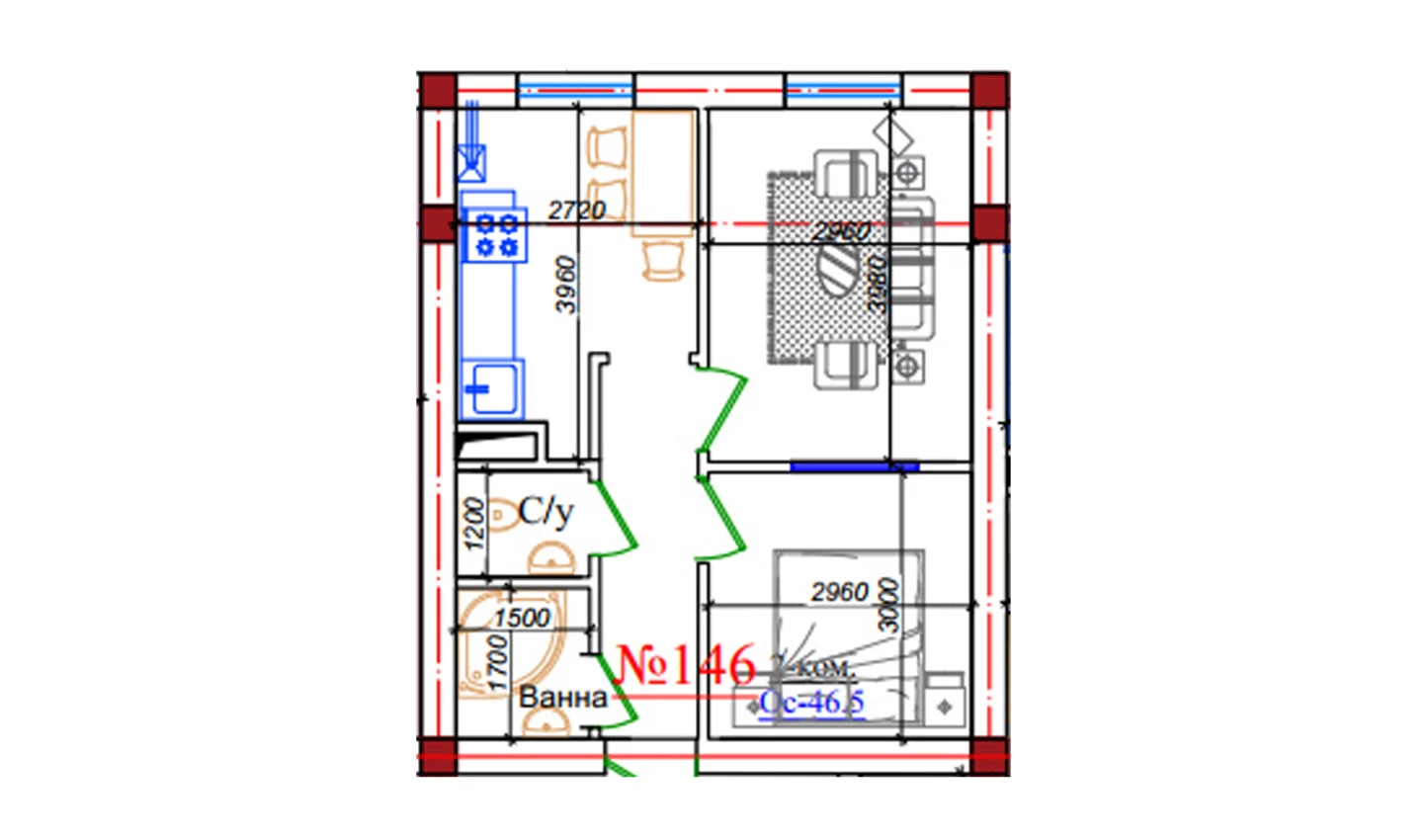 2-xonali xonadon 46.5 m²  3/3 qavat