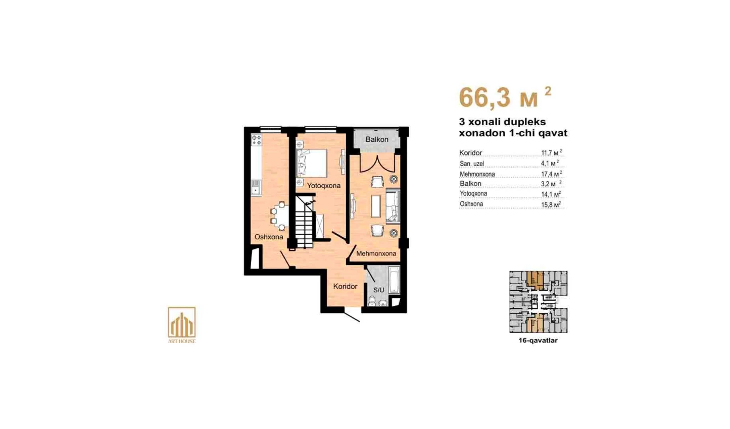 2-xonali xonadon 66.3 m²  16/16 qavat