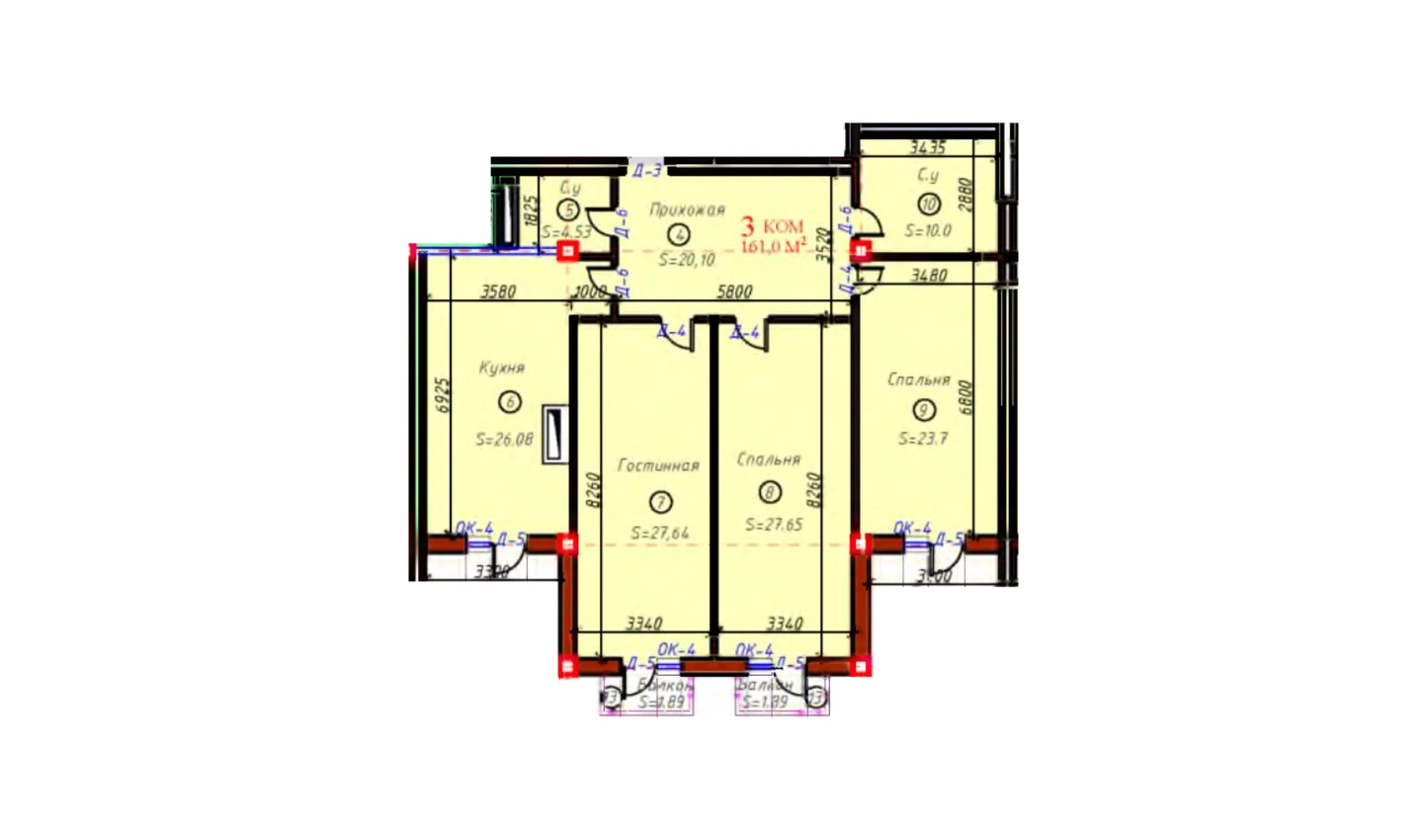 3-xonali xonadon 161 m²  8/8 qavat