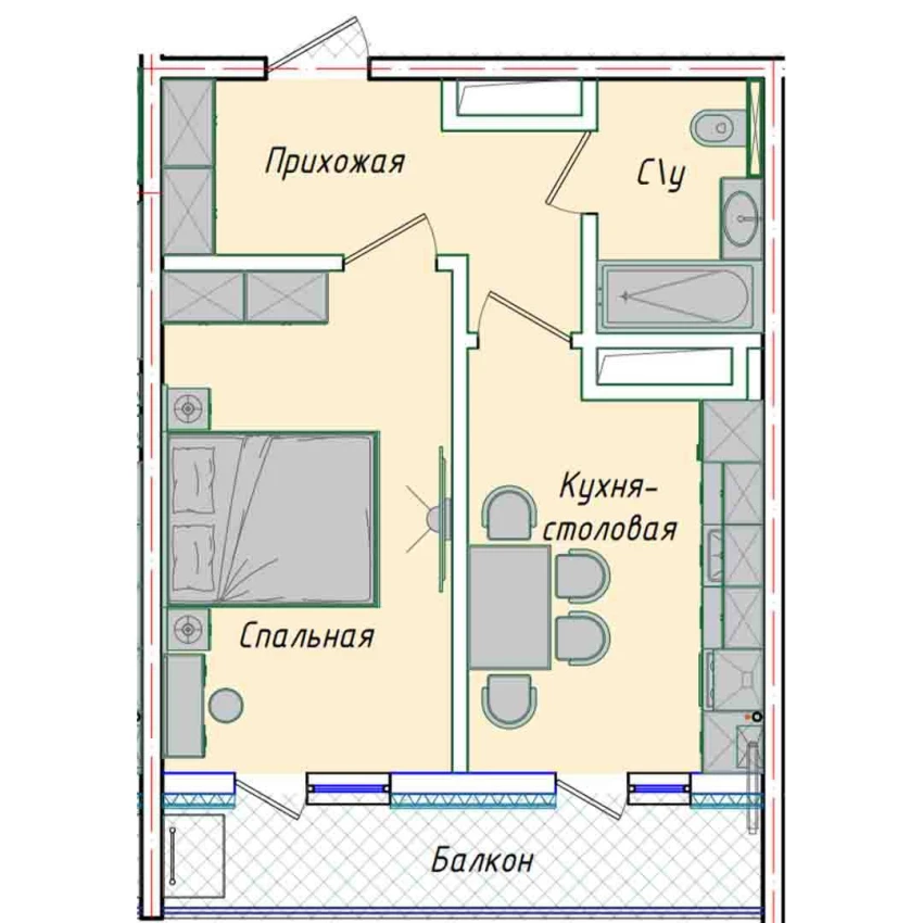 1-комнатная квартира 35.73 м²  16/16 этаж