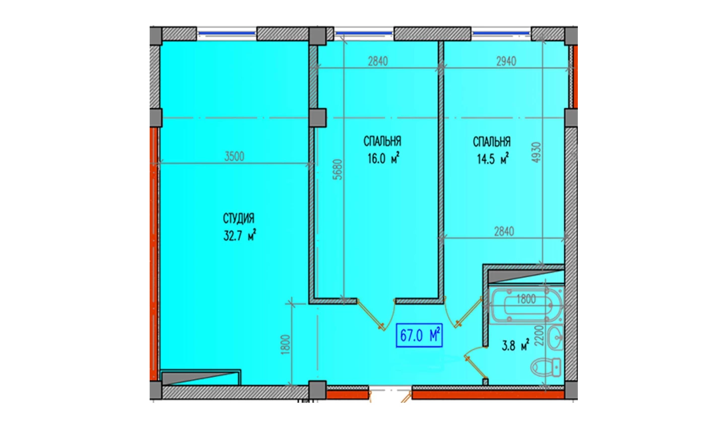 3-комнатная квартира 67 м²  8/8 этаж