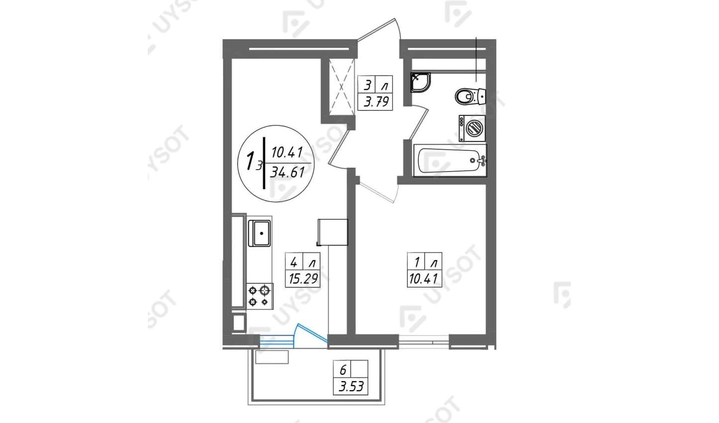 1-комнатная квартира 34.61 м²  7/7 этаж