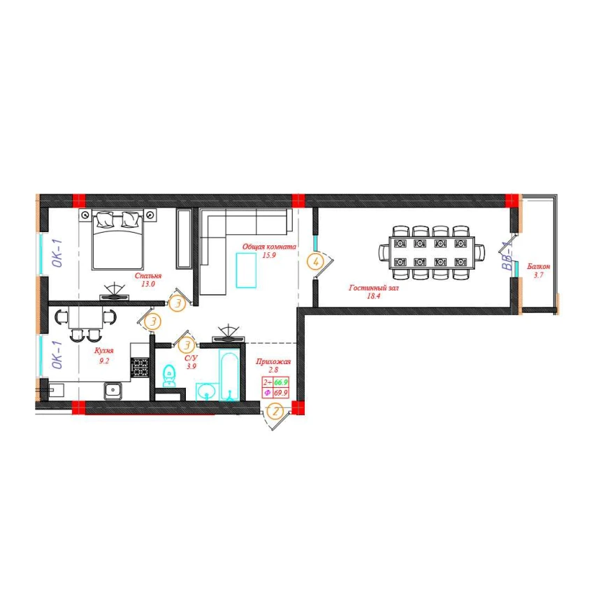 2-xonali xonadon 69.9 m²  9/12 qavat | CHINARA PARK Turar-joy majmuasi