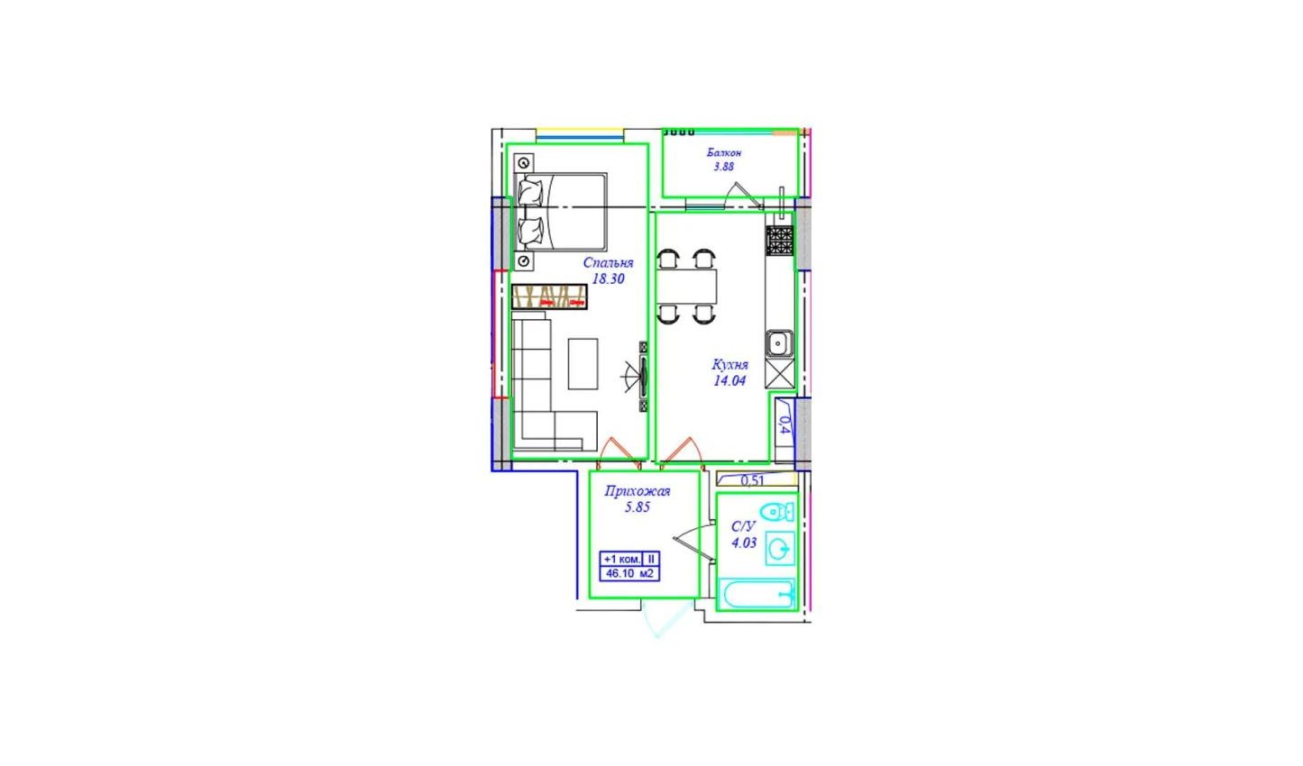 1-xonali xonadon 46.1 m²  1/1 qavat