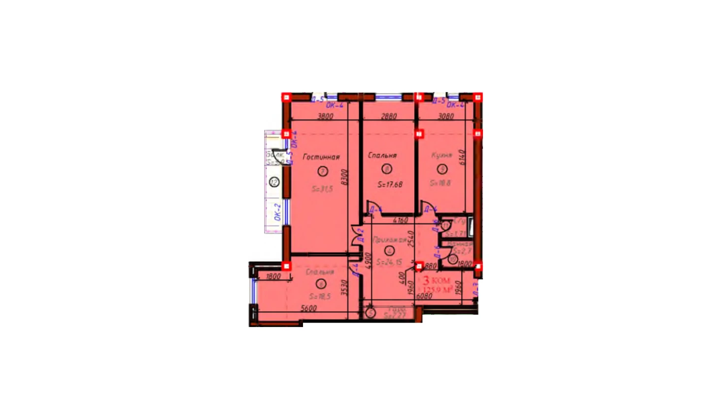 3-комнатная квартира 125.9 м²  6/6 этаж