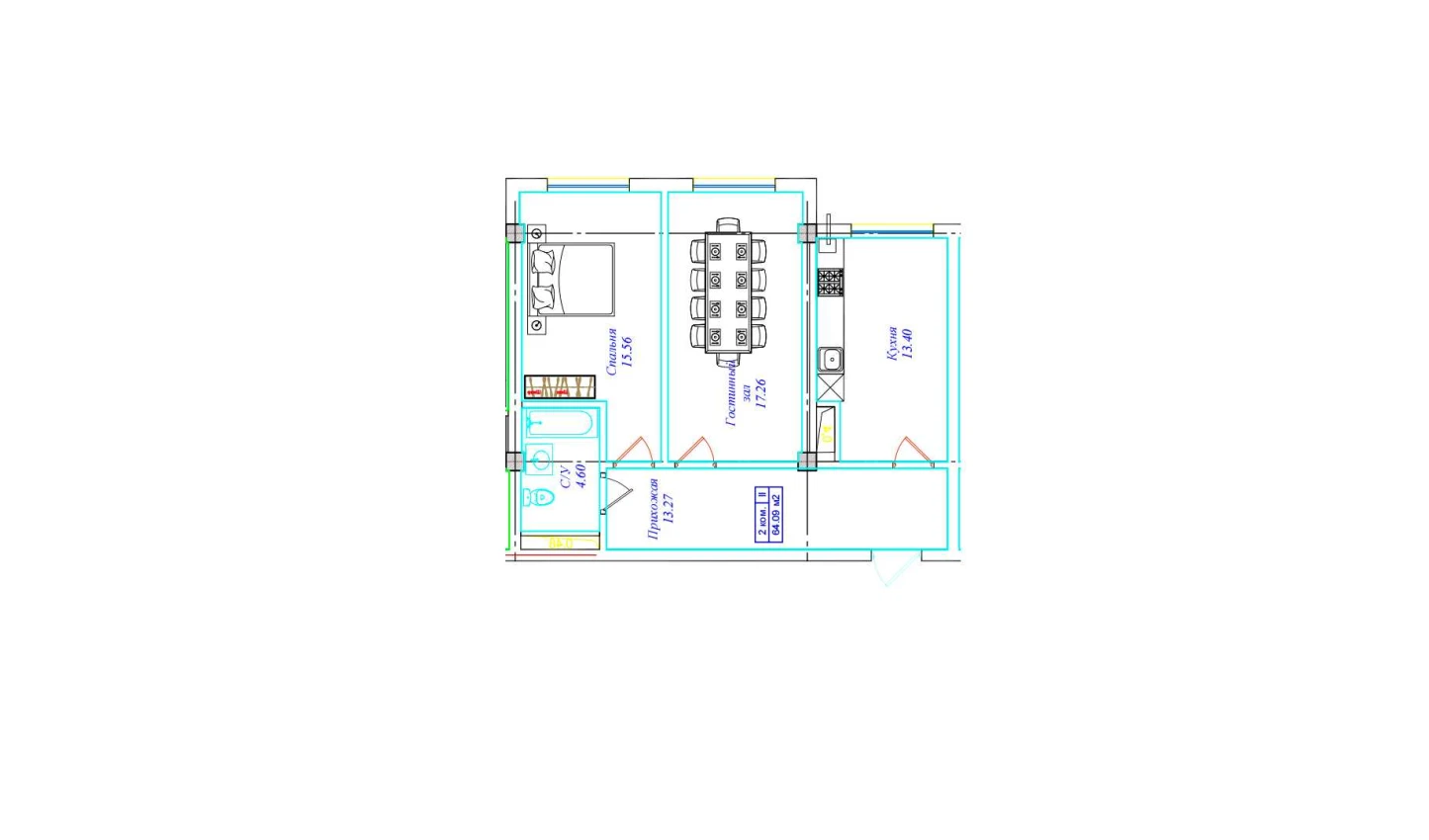 2-xonali xonadon 64.09 m²  2/2 qavat