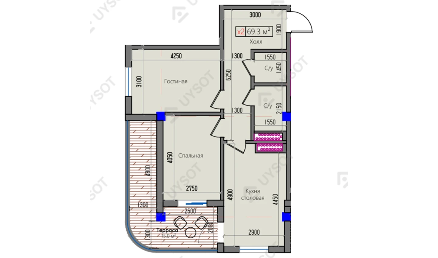 2-комнатная квартира 69.3 м²  13/13 этаж