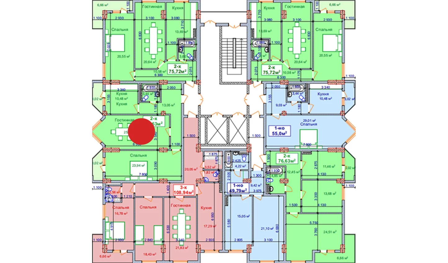 2-комнатная квартира 75.59 м²  9/9 этаж