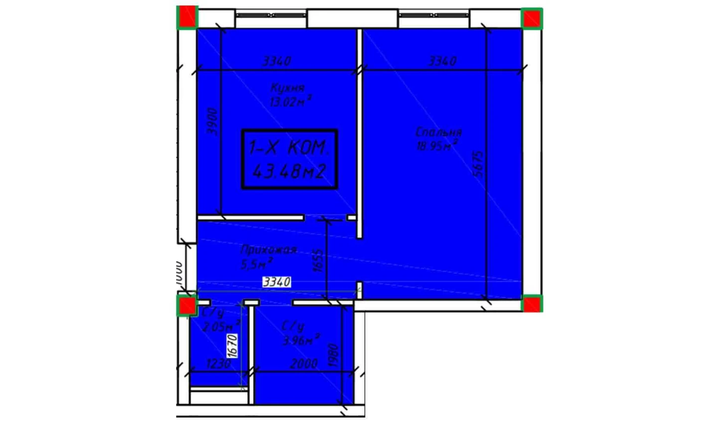 1-xonali xonadon 43.48 m²  2/2 qavat