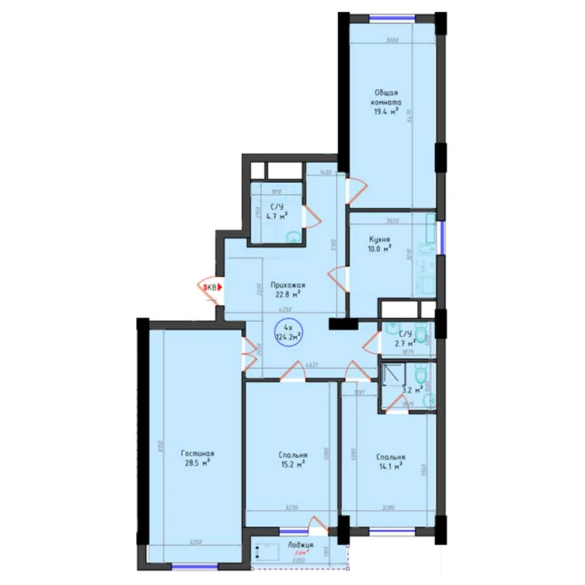 4-комнатная квартира 124.2 м²  4/4 этаж