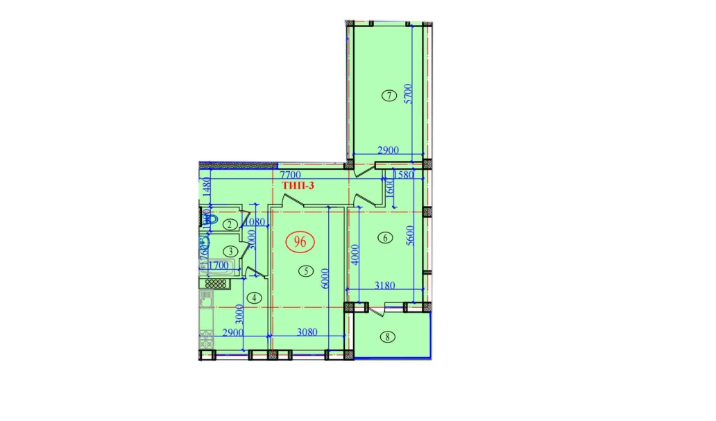 3-xonali xonadon 97.4 m²  5/5 qavat