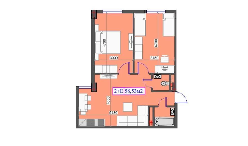 2-комнатная квартира 58.53 м²  1/1 этаж