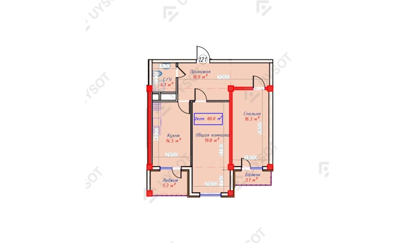 2-xonali xonadon 80 m²  2/2 qavat