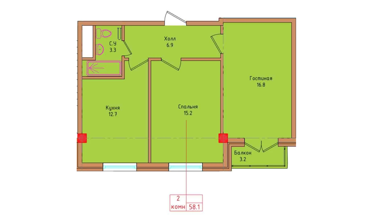 2-xonali xonadon 55.97 m²  2/2 qavat