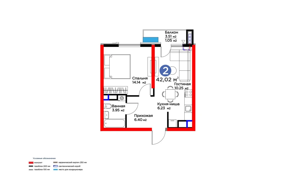 2-комнатная квартира 42.02 м²  8/8 этаж