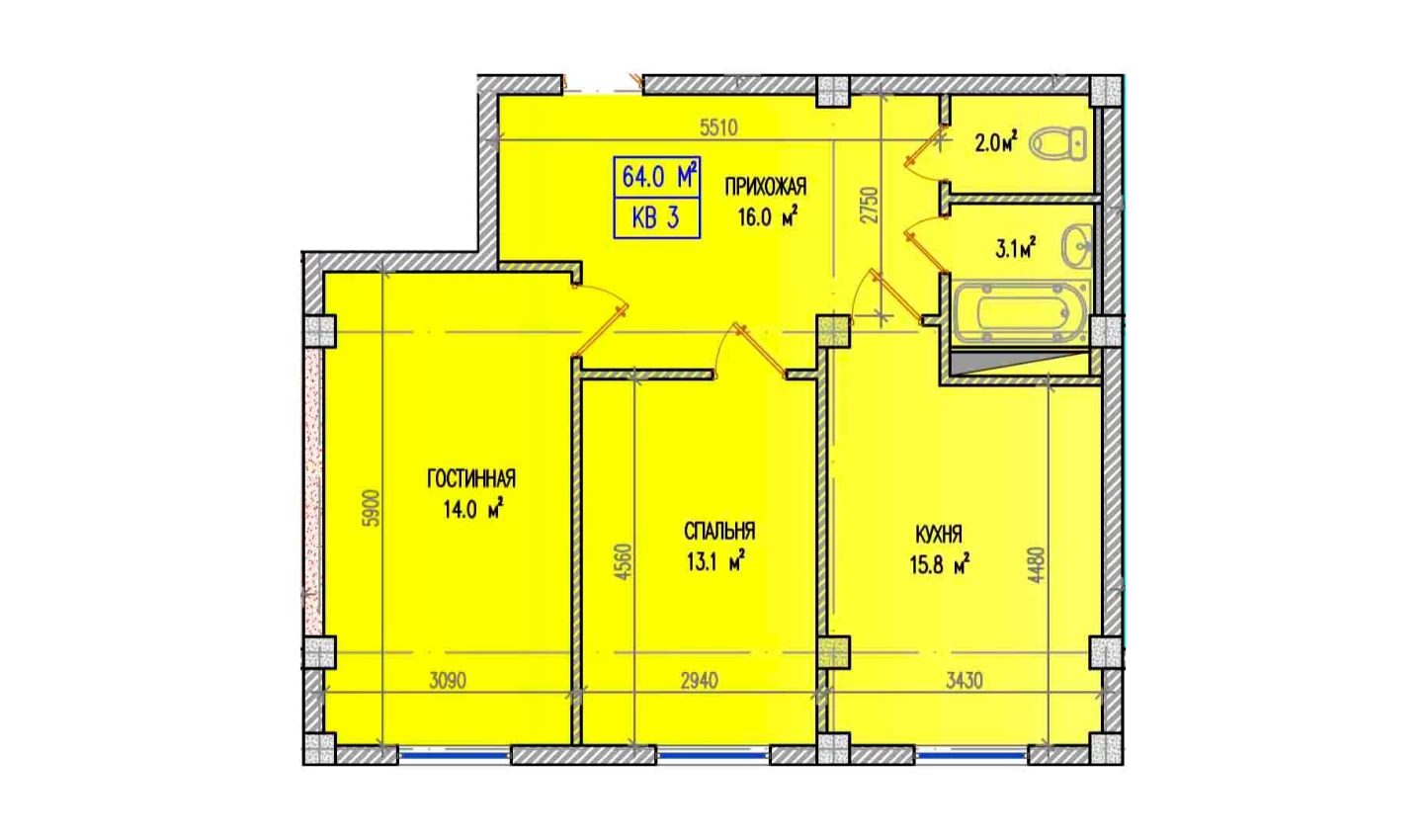 3-xonali xonadon 64 m²  1/1 qavat